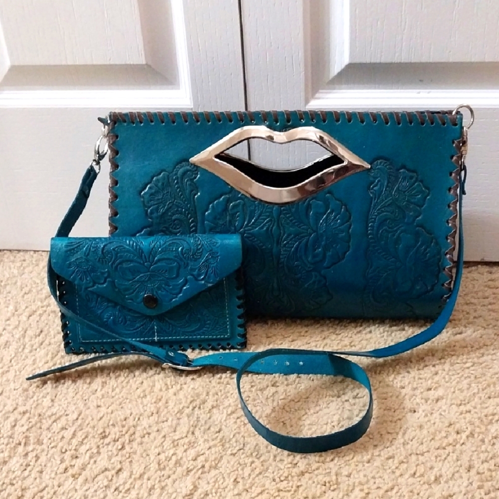 Genuine Leather Teal Western Leather Tooled Bag And Wallet